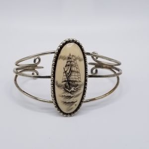 Vintage Sterling Silver Hand Carved & Etched Ship  Boat On Sea Cuff Bracelet 925